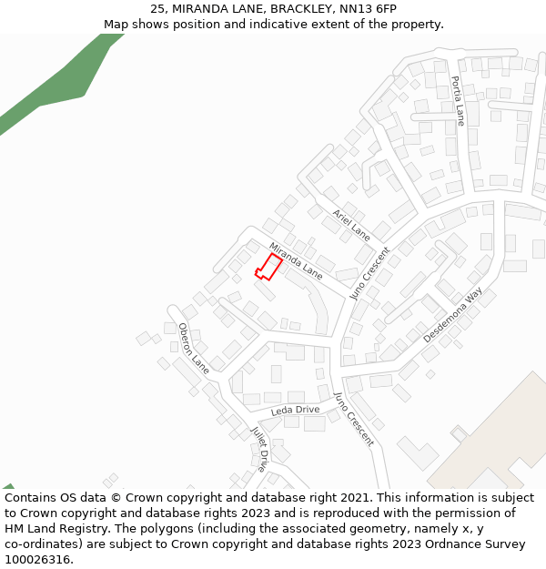 25, MIRANDA LANE, BRACKLEY, NN13 6FP: Location map and indicative extent of plot