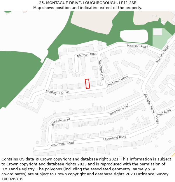 25, MONTAGUE DRIVE, LOUGHBOROUGH, LE11 3SB: Location map and indicative extent of plot
