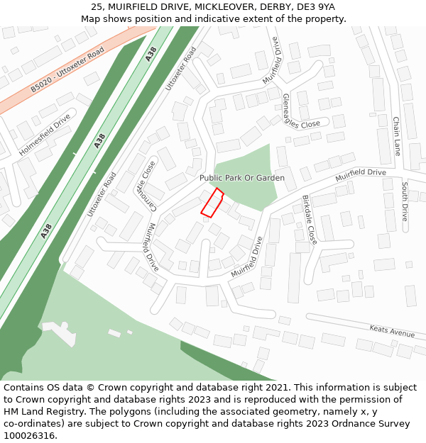 25, MUIRFIELD DRIVE, MICKLEOVER, DERBY, DE3 9YA: Location map and indicative extent of plot