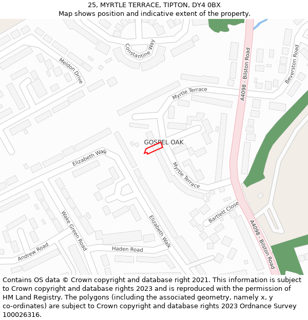 25, MYRTLE TERRACE, TIPTON, DY4 0BX: Location map and indicative extent of plot