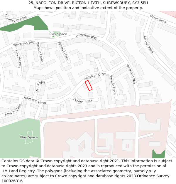 25, NAPOLEON DRIVE, BICTON HEATH, SHREWSBURY, SY3 5PH: Location map and indicative extent of plot