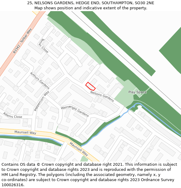 25, NELSONS GARDENS, HEDGE END, SOUTHAMPTON, SO30 2NE: Location map and indicative extent of plot