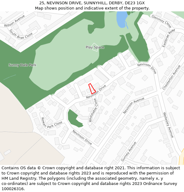 25, NEVINSON DRIVE, SUNNYHILL, DERBY, DE23 1GX: Location map and indicative extent of plot