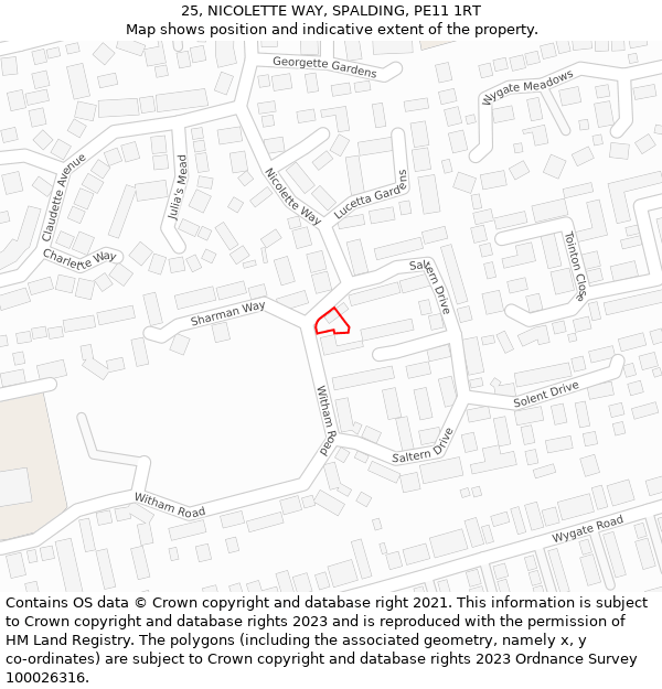 25, NICOLETTE WAY, SPALDING, PE11 1RT: Location map and indicative extent of plot