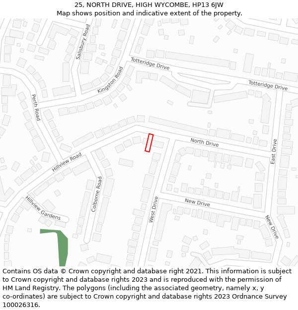 25, NORTH DRIVE, HIGH WYCOMBE, HP13 6JW: Location map and indicative extent of plot