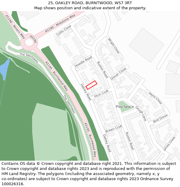 25, OAKLEY ROAD, BURNTWOOD, WS7 3RT: Location map and indicative extent of plot