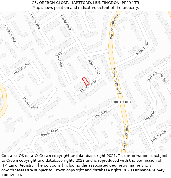 25, OBERON CLOSE, HARTFORD, HUNTINGDON, PE29 1TB: Location map and indicative extent of plot