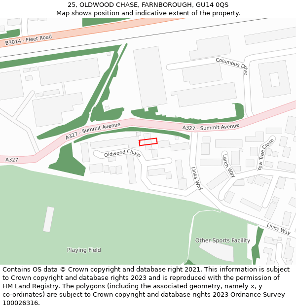 25, OLDWOOD CHASE, FARNBOROUGH, GU14 0QS: Location map and indicative extent of plot