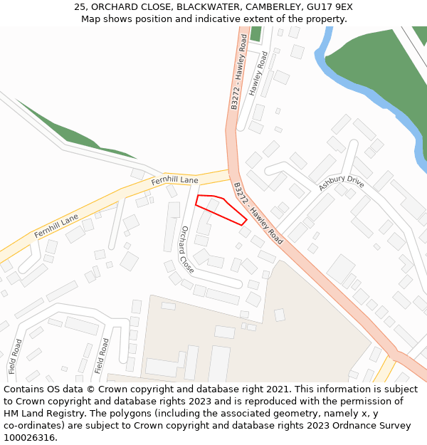 25, ORCHARD CLOSE, BLACKWATER, CAMBERLEY, GU17 9EX: Location map and indicative extent of plot