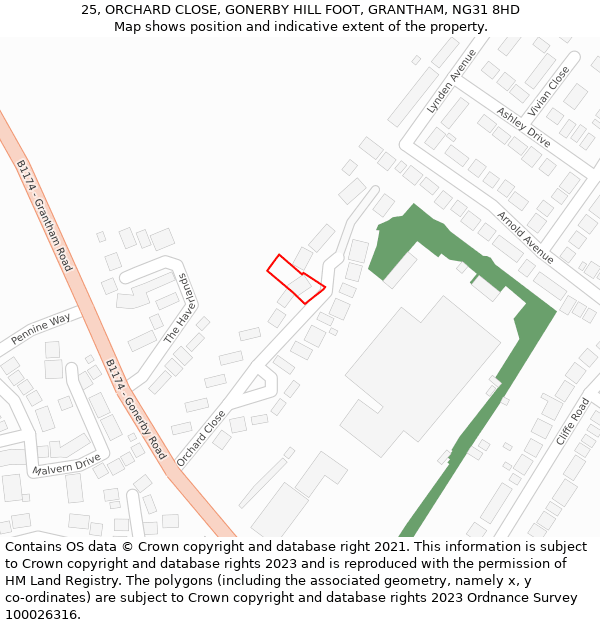 25, ORCHARD CLOSE, GONERBY HILL FOOT, GRANTHAM, NG31 8HD: Location map and indicative extent of plot