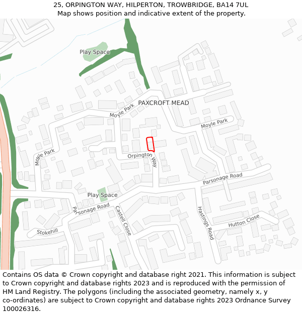 25, ORPINGTON WAY, HILPERTON, TROWBRIDGE, BA14 7UL: Location map and indicative extent of plot