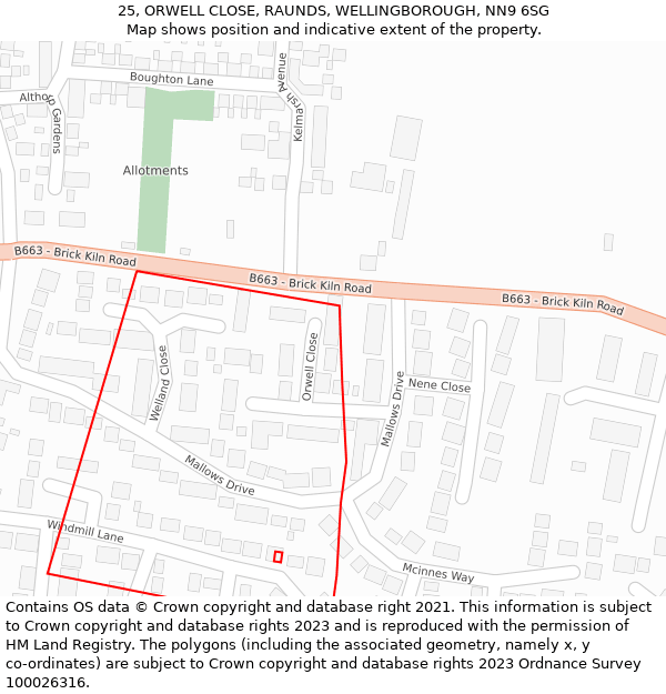 25, ORWELL CLOSE, RAUNDS, WELLINGBOROUGH, NN9 6SG: Location map and indicative extent of plot