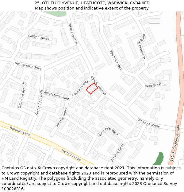 25, OTHELLO AVENUE, HEATHCOTE, WARWICK, CV34 6ED: Location map and indicative extent of plot