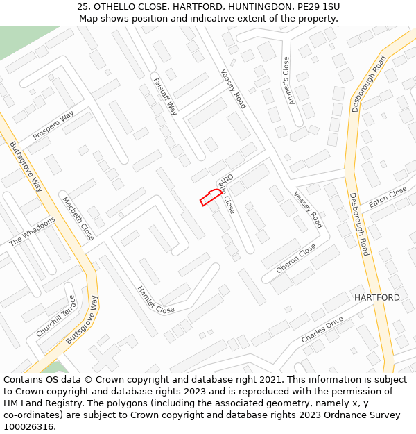 25, OTHELLO CLOSE, HARTFORD, HUNTINGDON, PE29 1SU: Location map and indicative extent of plot