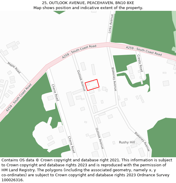 25, OUTLOOK AVENUE, PEACEHAVEN, BN10 8XE: Location map and indicative extent of plot