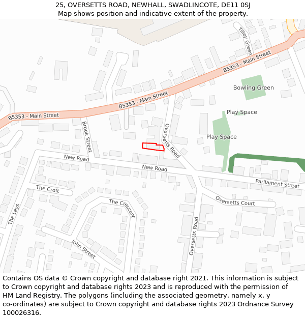 25, OVERSETTS ROAD, NEWHALL, SWADLINCOTE, DE11 0SJ: Location map and indicative extent of plot