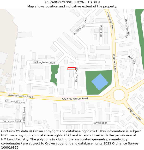 25, OVING CLOSE, LUTON, LU2 9RN: Location map and indicative extent of plot