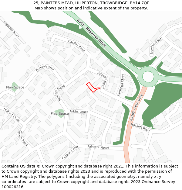 25, PAINTERS MEAD, HILPERTON, TROWBRIDGE, BA14 7QF: Location map and indicative extent of plot