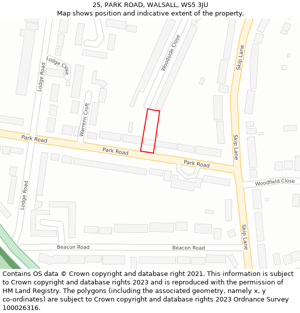 25, PARK ROAD, WALSALL, WS5 3JU: Location map and indicative extent of plot