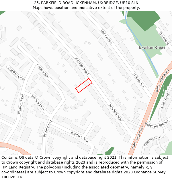 25, PARKFIELD ROAD, ICKENHAM, UXBRIDGE, UB10 8LN: Location map and indicative extent of plot