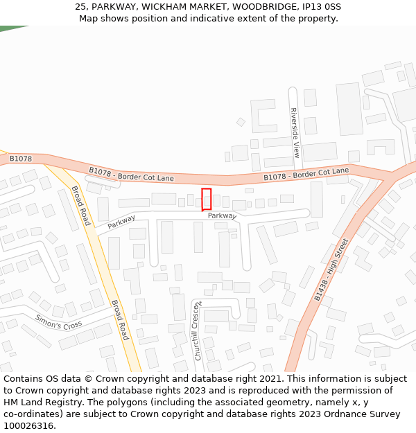 25, PARKWAY, WICKHAM MARKET, WOODBRIDGE, IP13 0SS: Location map and indicative extent of plot