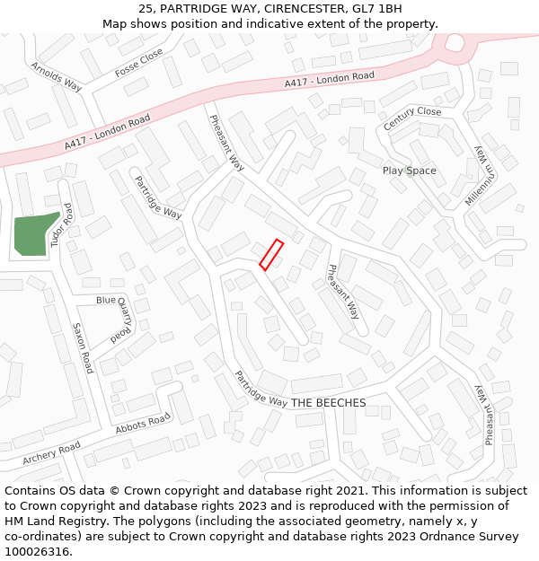 25, PARTRIDGE WAY, CIRENCESTER, GL7 1BH: Location map and indicative extent of plot