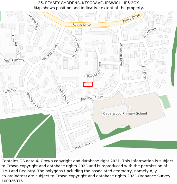25, PEASEY GARDENS, KESGRAVE, IPSWICH, IP5 2GX: Location map and indicative extent of plot
