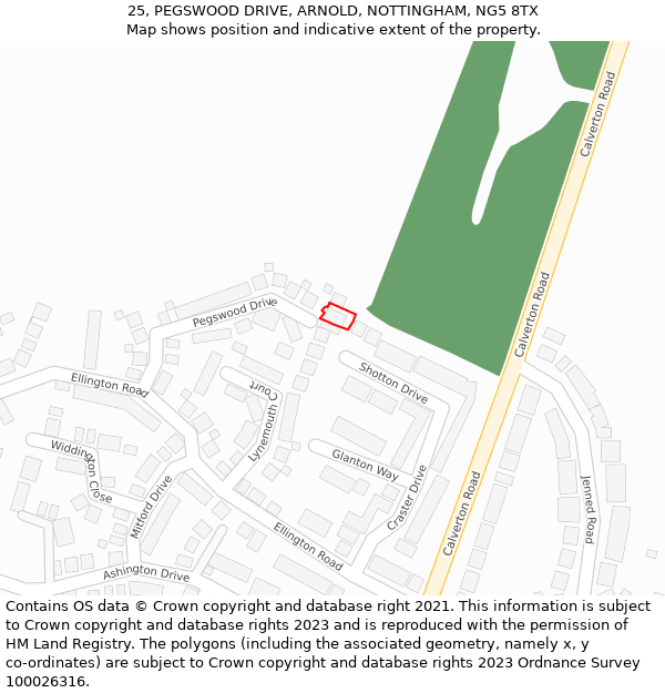 25, PEGSWOOD DRIVE, ARNOLD, NOTTINGHAM, NG5 8TX: Location map and indicative extent of plot