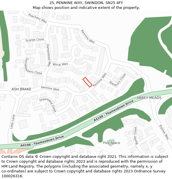 25, PENNINE WAY, SWINDON, SN25 4FY: Location map and indicative extent of plot