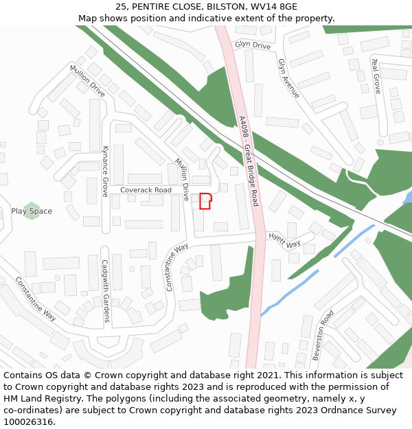 25, PENTIRE CLOSE, BILSTON, WV14 8GE: Location map and indicative extent of plot