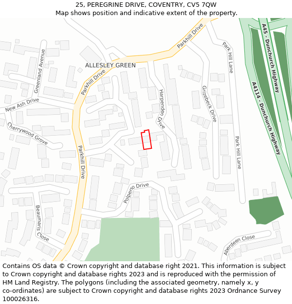 25, PEREGRINE DRIVE, COVENTRY, CV5 7QW: Location map and indicative extent of plot