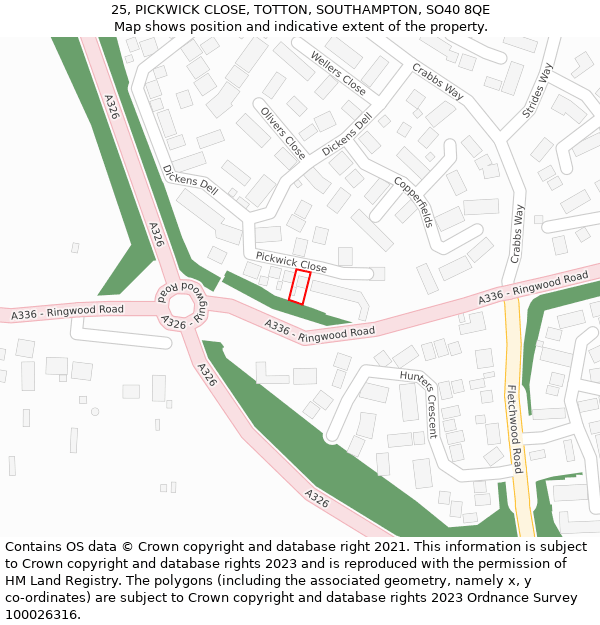 25, PICKWICK CLOSE, TOTTON, SOUTHAMPTON, SO40 8QE: Location map and indicative extent of plot