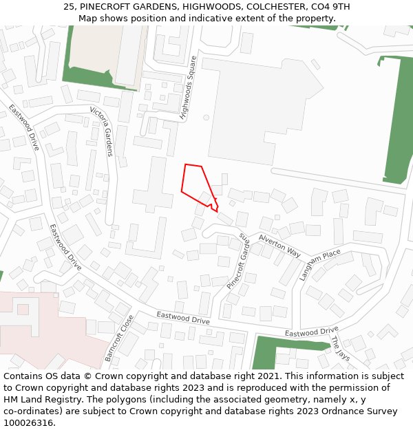 25, PINECROFT GARDENS, HIGHWOODS, COLCHESTER, CO4 9TH: Location map and indicative extent of plot