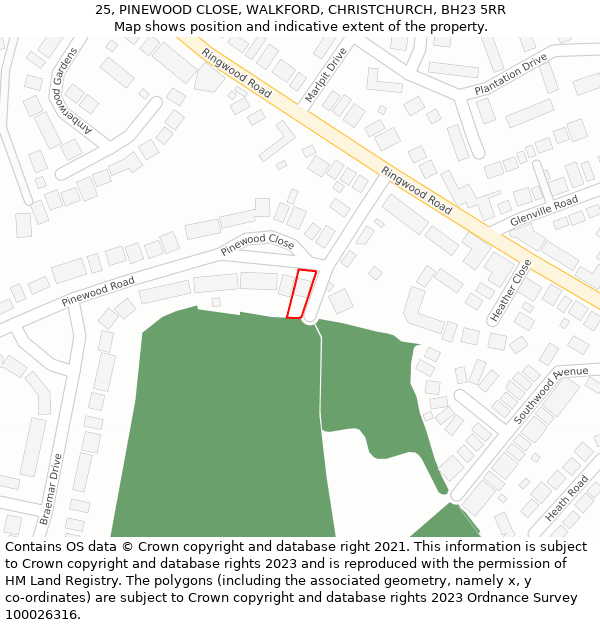 25, PINEWOOD CLOSE, WALKFORD, CHRISTCHURCH, BH23 5RR: Location map and indicative extent of plot