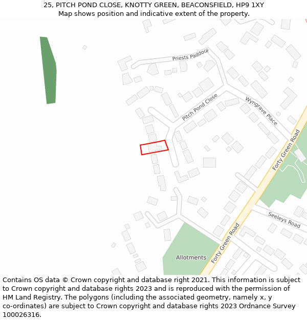 25, PITCH POND CLOSE, KNOTTY GREEN, BEACONSFIELD, HP9 1XY: Location map and indicative extent of plot