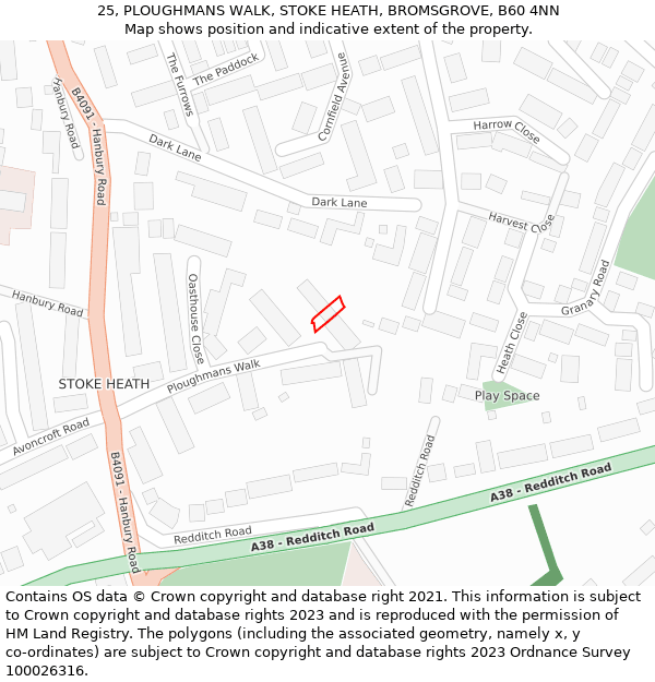 25, PLOUGHMANS WALK, STOKE HEATH, BROMSGROVE, B60 4NN: Location map and indicative extent of plot