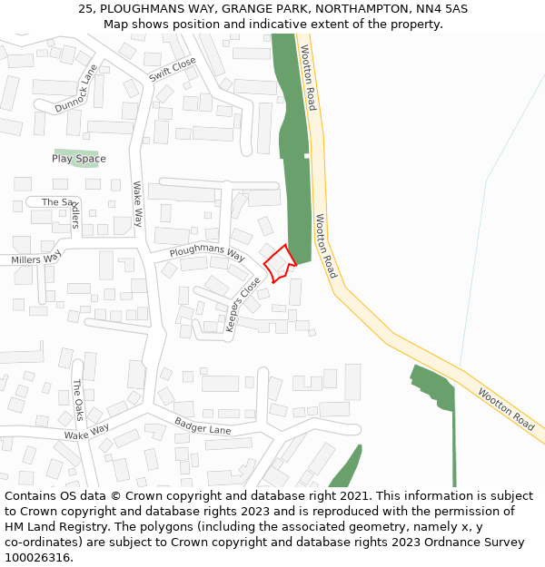 25, PLOUGHMANS WAY, GRANGE PARK, NORTHAMPTON, NN4 5AS: Location map and indicative extent of plot