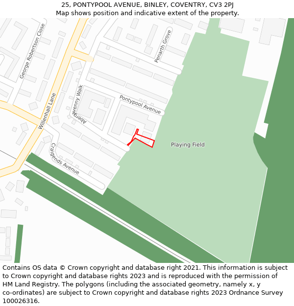 25, PONTYPOOL AVENUE, BINLEY, COVENTRY, CV3 2PJ: Location map and indicative extent of plot