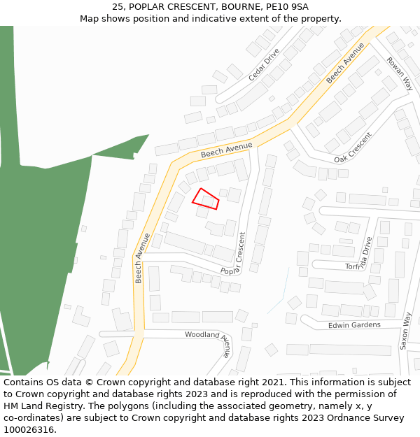 25, POPLAR CRESCENT, BOURNE, PE10 9SA: Location map and indicative extent of plot