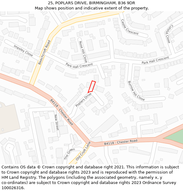 25, POPLARS DRIVE, BIRMINGHAM, B36 9DR: Location map and indicative extent of plot