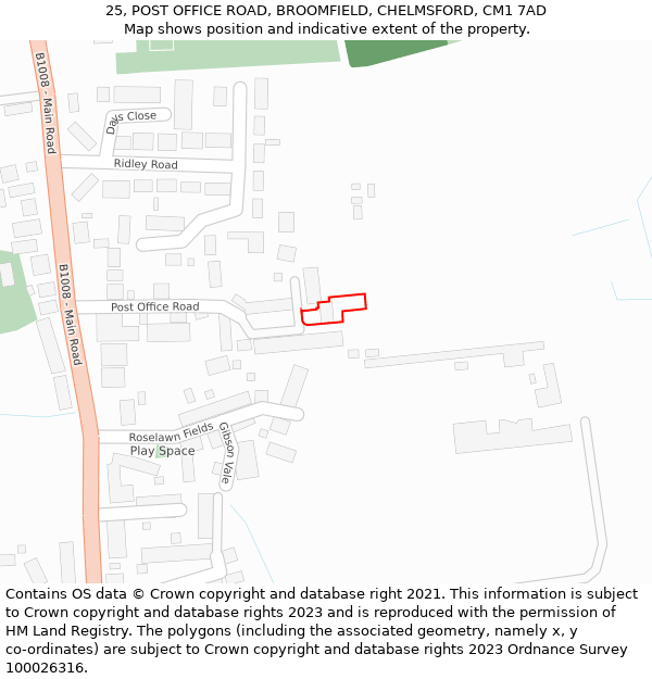 25, POST OFFICE ROAD, BROOMFIELD, CHELMSFORD, CM1 7AD: Location map and indicative extent of plot