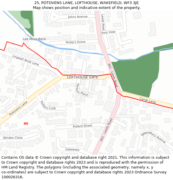 25, POTOVENS LANE, LOFTHOUSE, WAKEFIELD, WF3 3JE: Location map and indicative extent of plot