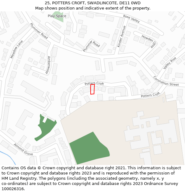 25, POTTERS CROFT, SWADLINCOTE, DE11 0WD: Location map and indicative extent of plot