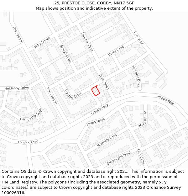 25, PRESTOE CLOSE, CORBY, NN17 5GF: Location map and indicative extent of plot