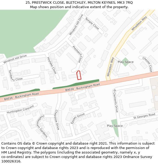 25, PRESTWICK CLOSE, BLETCHLEY, MILTON KEYNES, MK3 7RQ: Location map and indicative extent of plot