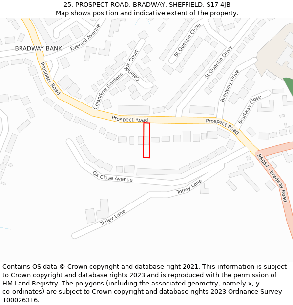 25, PROSPECT ROAD, BRADWAY, SHEFFIELD, S17 4JB: Location map and indicative extent of plot