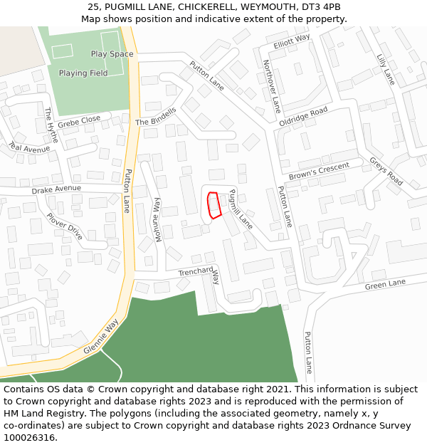 25, PUGMILL LANE, CHICKERELL, WEYMOUTH, DT3 4PB: Location map and indicative extent of plot