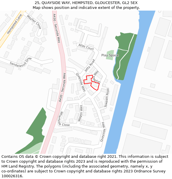 25, QUAYSIDE WAY, HEMPSTED, GLOUCESTER, GL2 5EX: Location map and indicative extent of plot