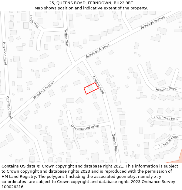 25, QUEENS ROAD, FERNDOWN, BH22 9RT: Location map and indicative extent of plot