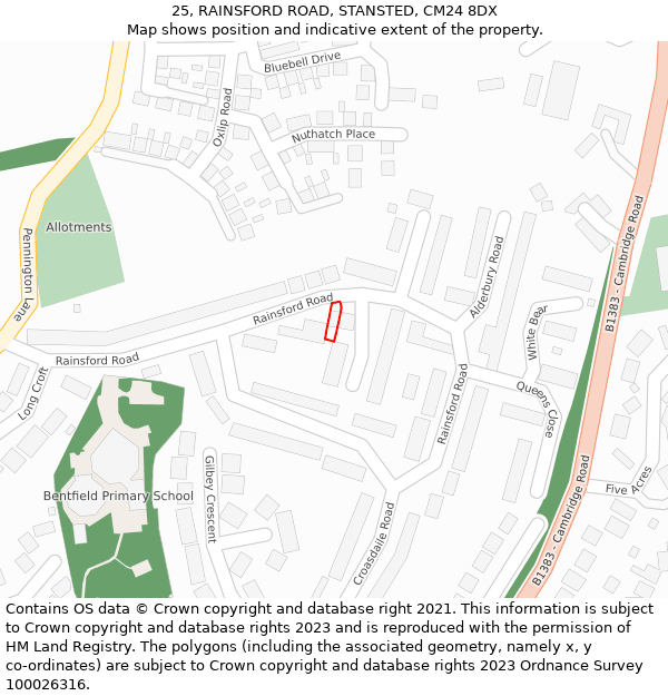 25, RAINSFORD ROAD, STANSTED, CM24 8DX: Location map and indicative extent of plot